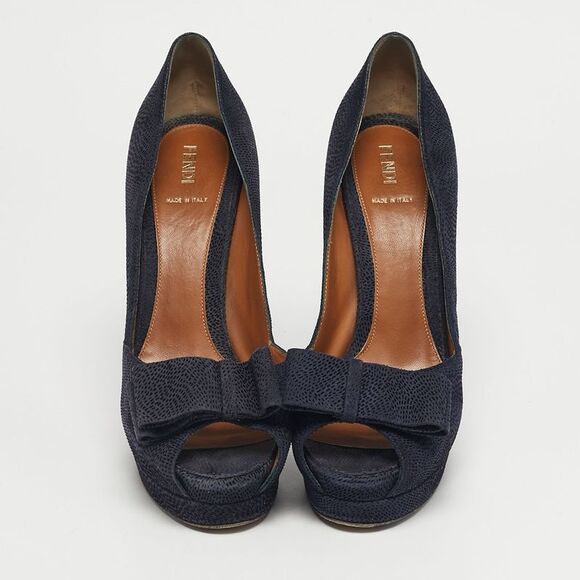 Fendi Size 41 Navy Blue Suede Bow Peep Toe Platform Pumps - Picture 3 of 7